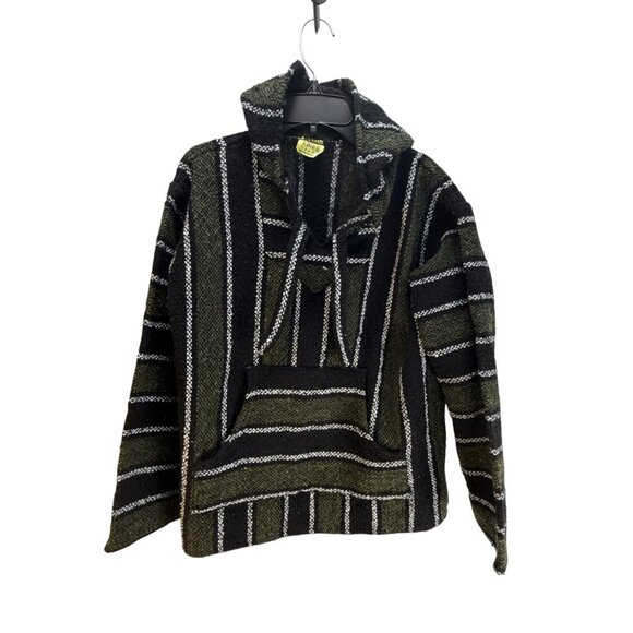 Franks Mexican Baja Hoodie Pullover Size Small Green & Black Striped Relaxed Fit - Picture 1 of 7